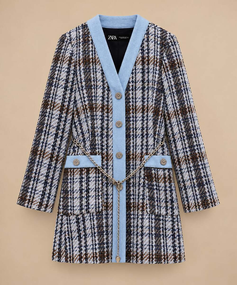 Zara Blue Tweed Blazer Dress Medium Chain Belt Denim Trim Preppy Chic